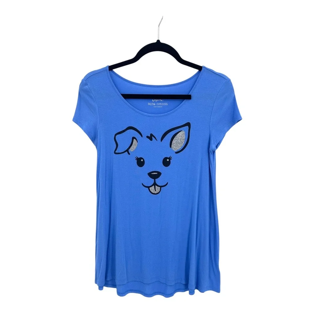 Justice Girls Graphic T-Shirt Tunic XL 14/16 Blue Puppy Dog Glitter Short Sleeve